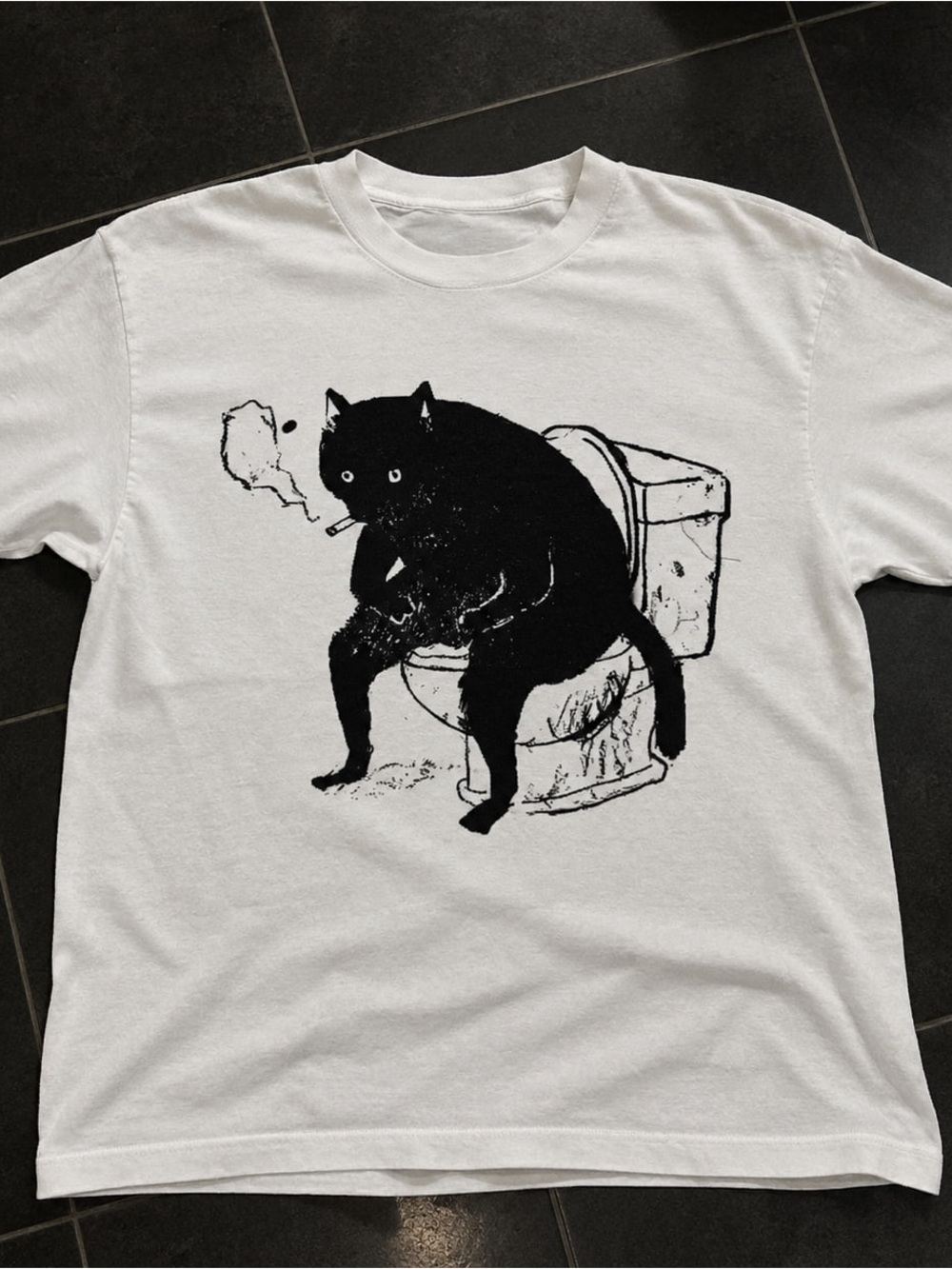 Black Cat Toilet Gildan White Tee Graphic